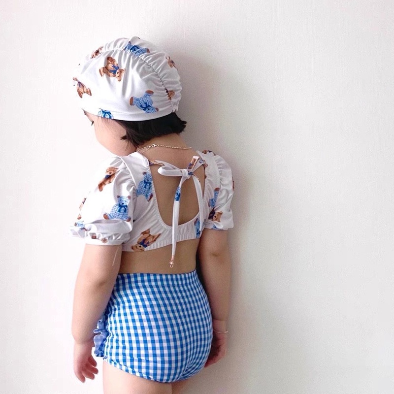 Bộ Đồ Bơi Hai Mảnh Áo Tay Ngắn Và Quần Ngắn Họa Tiết Gấu Hoạt Hình Phong Cách Hàn Quốc Thời Trang Mùa Hè Cho Bé Gái