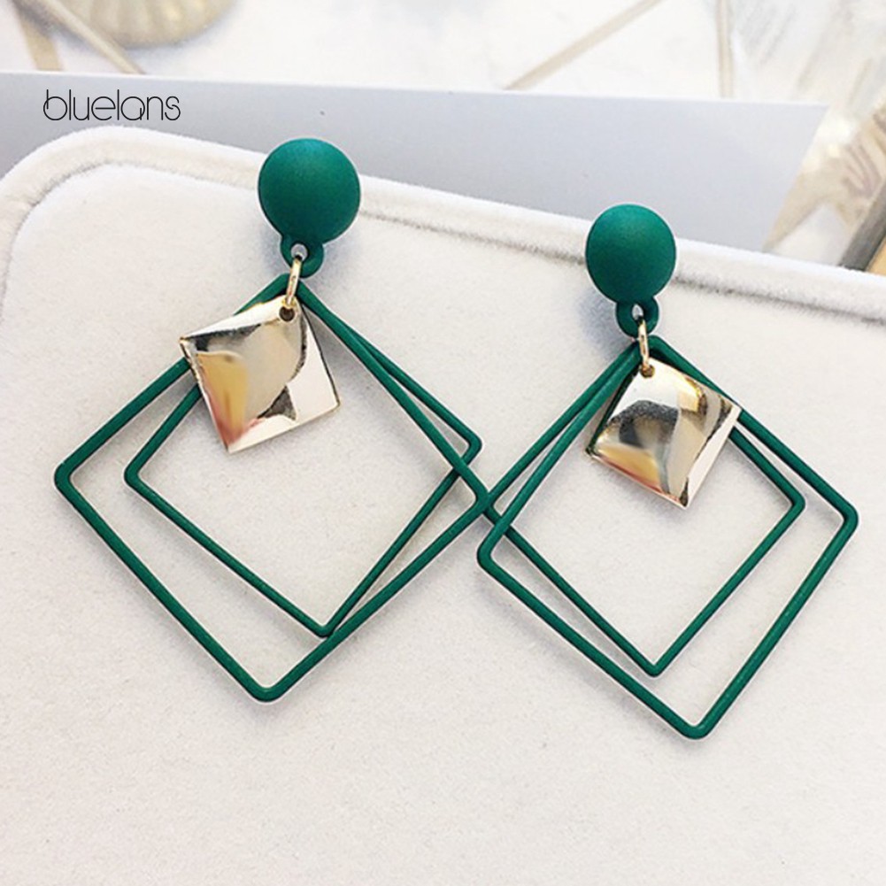 Đèn bluelans bluelans♘Đôi Khuyên Tai Dài Gắn Hạt Hình Vuông Rỗng Thời Trang Cho Nữ