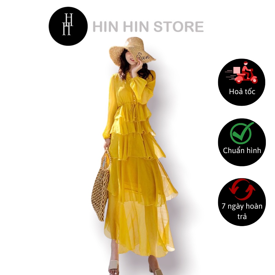 Đầm maxi voan tầng tay dài, váy đi biển màu vàng HDC29 Hỉn Hỉn Store