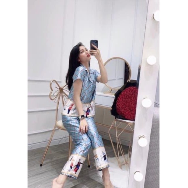 Bộ lụa chú lính trì tay cộc quần dài