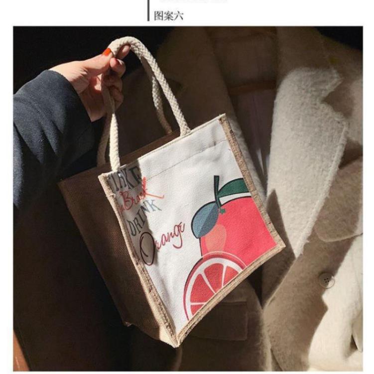 Túi xách cói, túi đựng đồ họa tiết hoạt hình, phong cách Nhật Bản đựng đồ tiện dụng văn phòng V2
