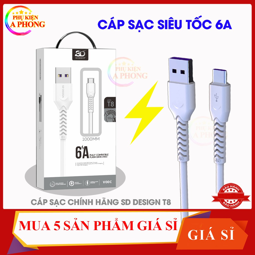 CÁP SẠC NHANH SIÊU TỐC T8 6A - Chính hãng SD - Sạc nhanh không hại pin cho Iphone, Samsung, Oppo - Bảo hành 12 tháng