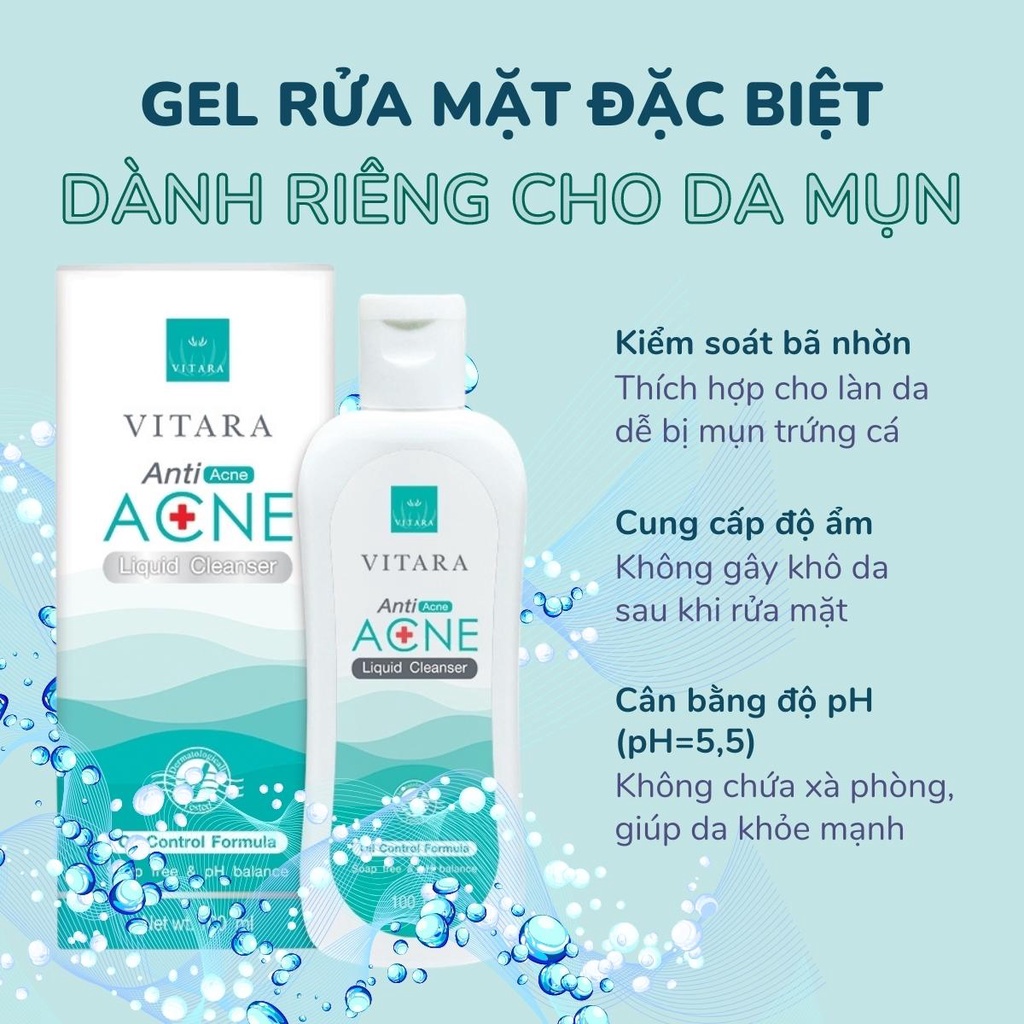 Combo Gel rửa mặt Vitara Anti Acne 100ml-Gel thoa mụn Vitara Anti Acne 10g-Gel thoa sẹo Vitara SE 5g giảm mụn, mờ thâm