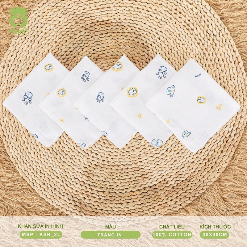 Túi 5 khăn sữa 2 lớp in hình Mipbi 100% COTTON kích thước 30x30cm Khăn xô Khăn mặt Khăn đa năng in hình cho bé