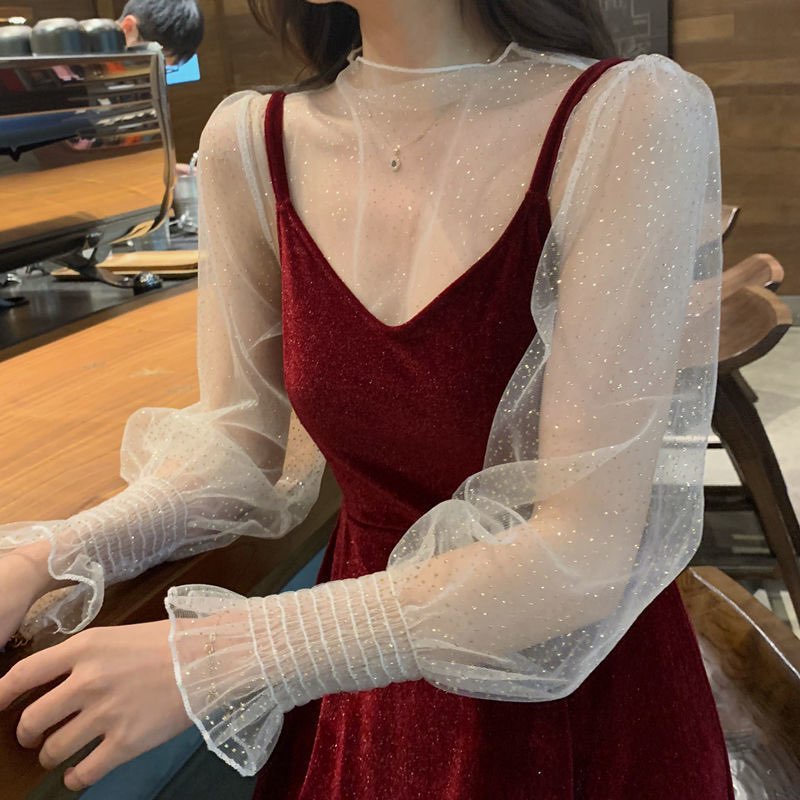 Set đầm hai dây vải nhung mềm mịn thời trang cho nữ