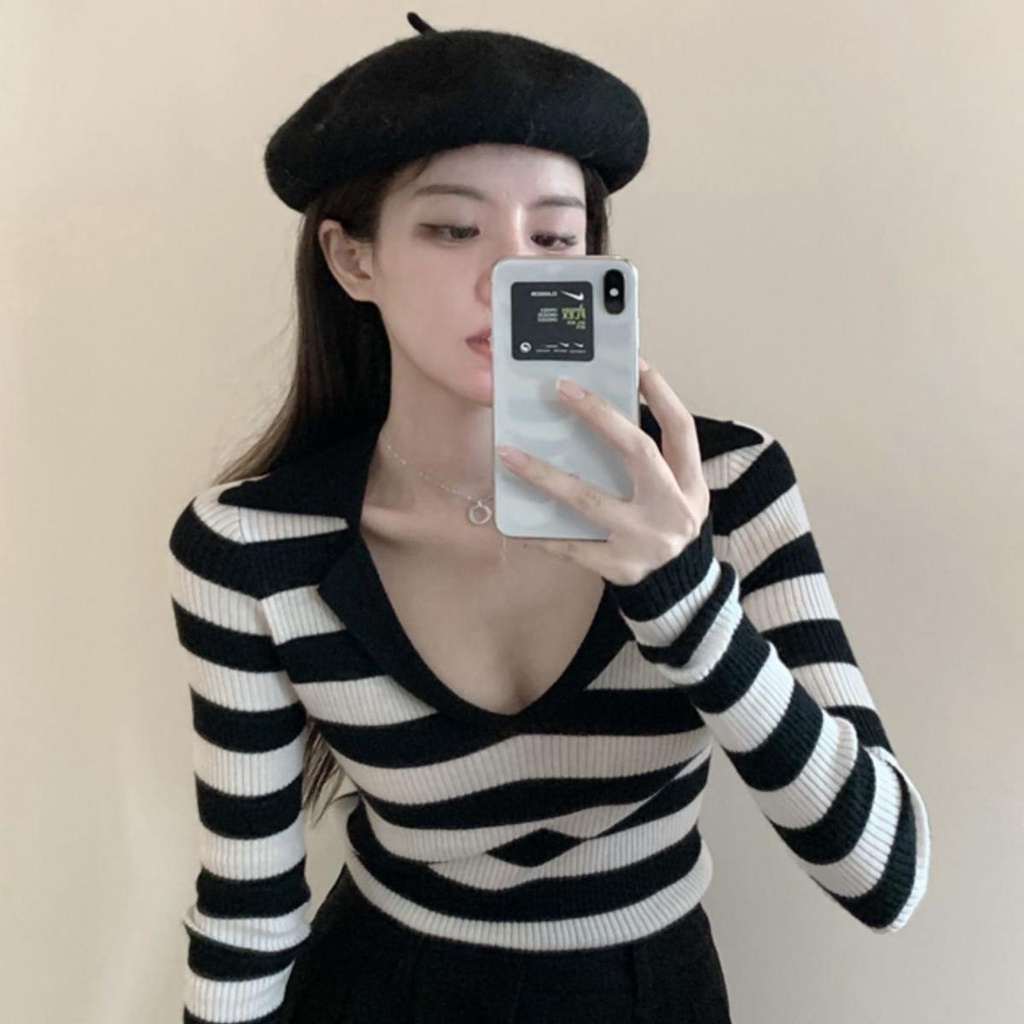 Áo kiểu ZHELIHANGFEI dệt kim tay dài cổ polo bẻ họa tiết kẻ sọc thời trang trẻ trung dành cho nữ