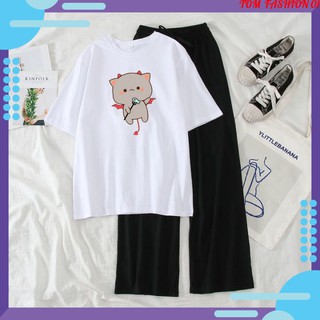 5 Set Đồ Nữ Đi Chơi Học MONKEY FASHION, Sét Đồ Bộ Nữ Cotton Áo Phông In Mèo Tiểu Qủy Mix Quần Ống Rộng Suông Dễ Phối Đồ