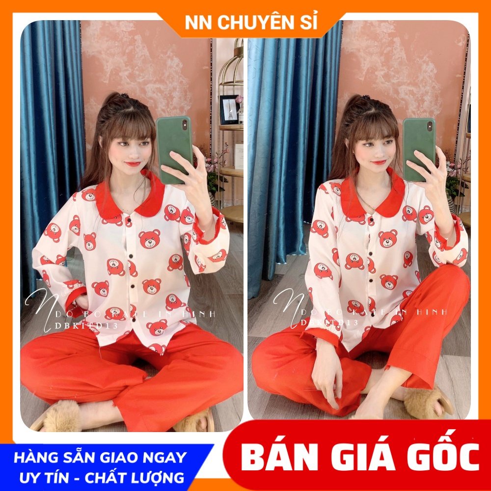 Đồ bộ nữa mặc nhà chất kate mềm mát in hình gấu hoạt hình dễ thương Đồ bộ kate tay dài DBKIHTD13