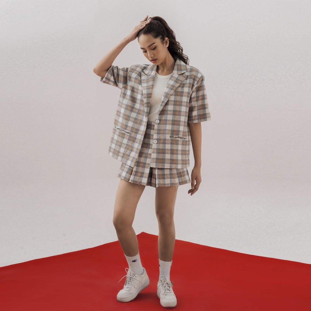 TATICHU - Half Sleeve Plaid Blazer _ Áo Blazer caro bố tay ngắn