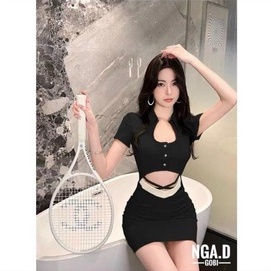 Đầm tay ngắn ôm body cổ bẻ khoét eo viền trắng 2 dây nhỏ chéo cực hot , chất thun bozip mềm mịn ly