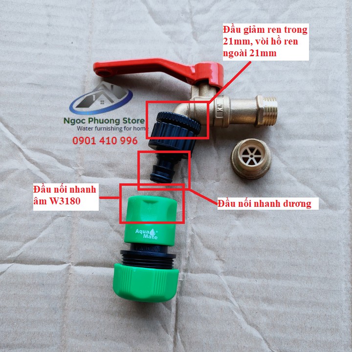 Cút nối nhanh dương W3084 AQUAMATE ĐÀI LOAN, đầu còn lại nối vòi nước ren ngoài 21mm hoặc 27mm