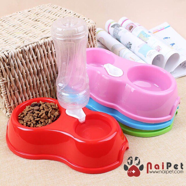 Bát Đôi Gắn Bình Cấp Nước Tự Động Cho Chó Mèo