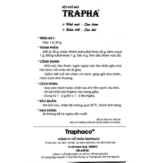 Bột Khử Mùi Hôi Chân Hôi Giày Trapha 30g BM46 Làm Thơm, Giảm Tiết Mồ Hôi - Bảo Minh Pharmacy