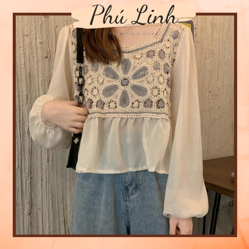 MS054 Áo sơ mi đan phối voan cổ vuông hoa 🌼