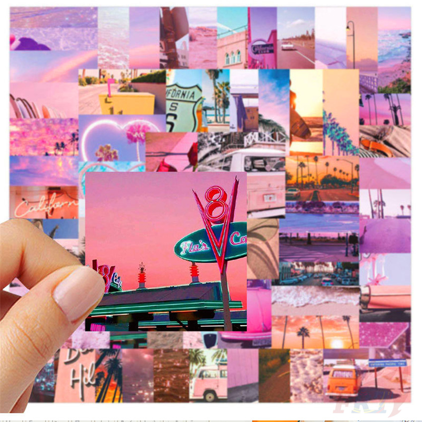Bộ 60 miếng dán trang trí chủ đề phong cảnh biển California màu hồng xinh xắn