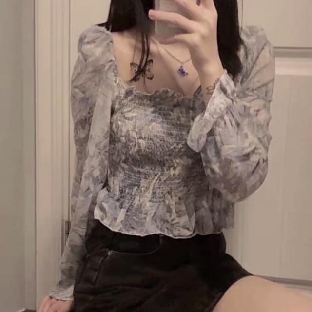 Áo voan hoa tay dài cropto