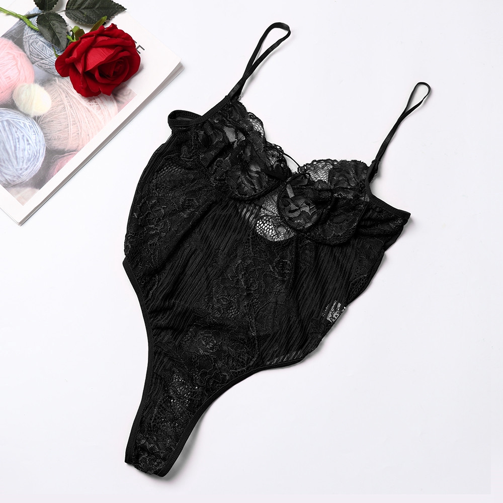 Đồ ngủ bodysuit 2 dây cổ chữ V phối ren gợi cảm cho nữ