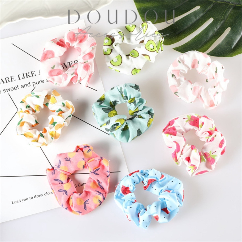 Dây buộc tóc Scrunchies DOUDOU Cột tóc vải cho bạn gái họa tiết hoa quả xinh xắn phong cách Hàn Quốc FQ002