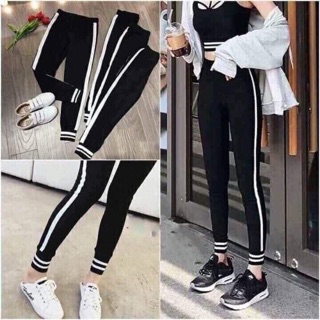 Quần nỉ legging sọc trắng xanh ấm