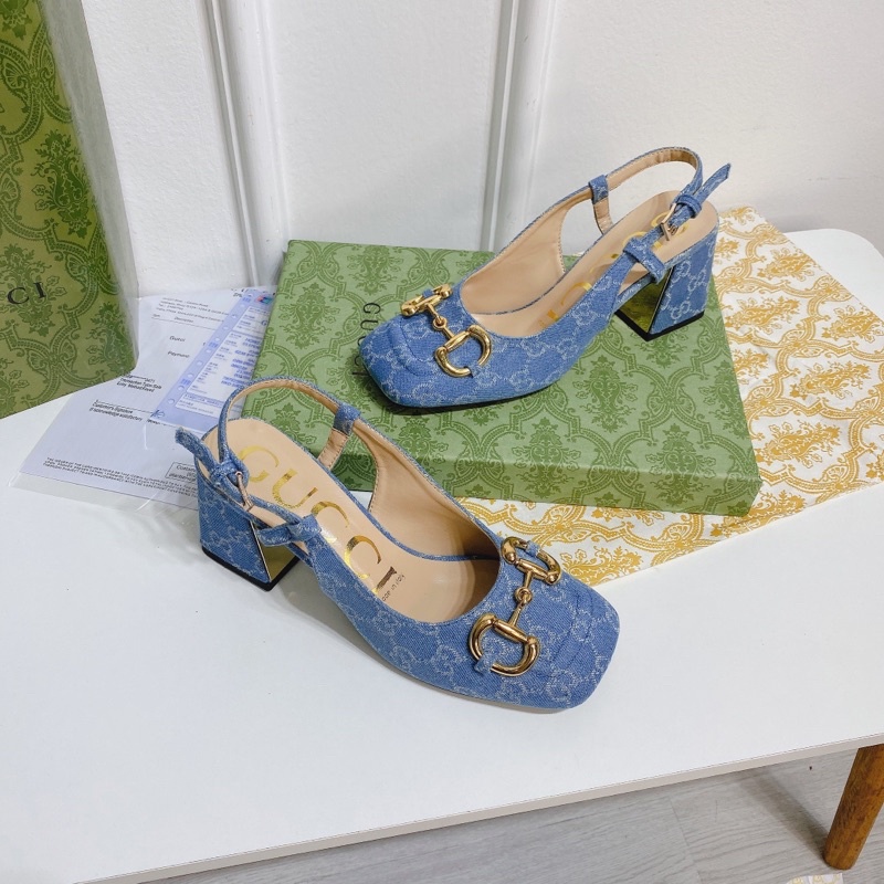 Giày sandal guốc guci jean hoạ tiết gót trụ fullbox