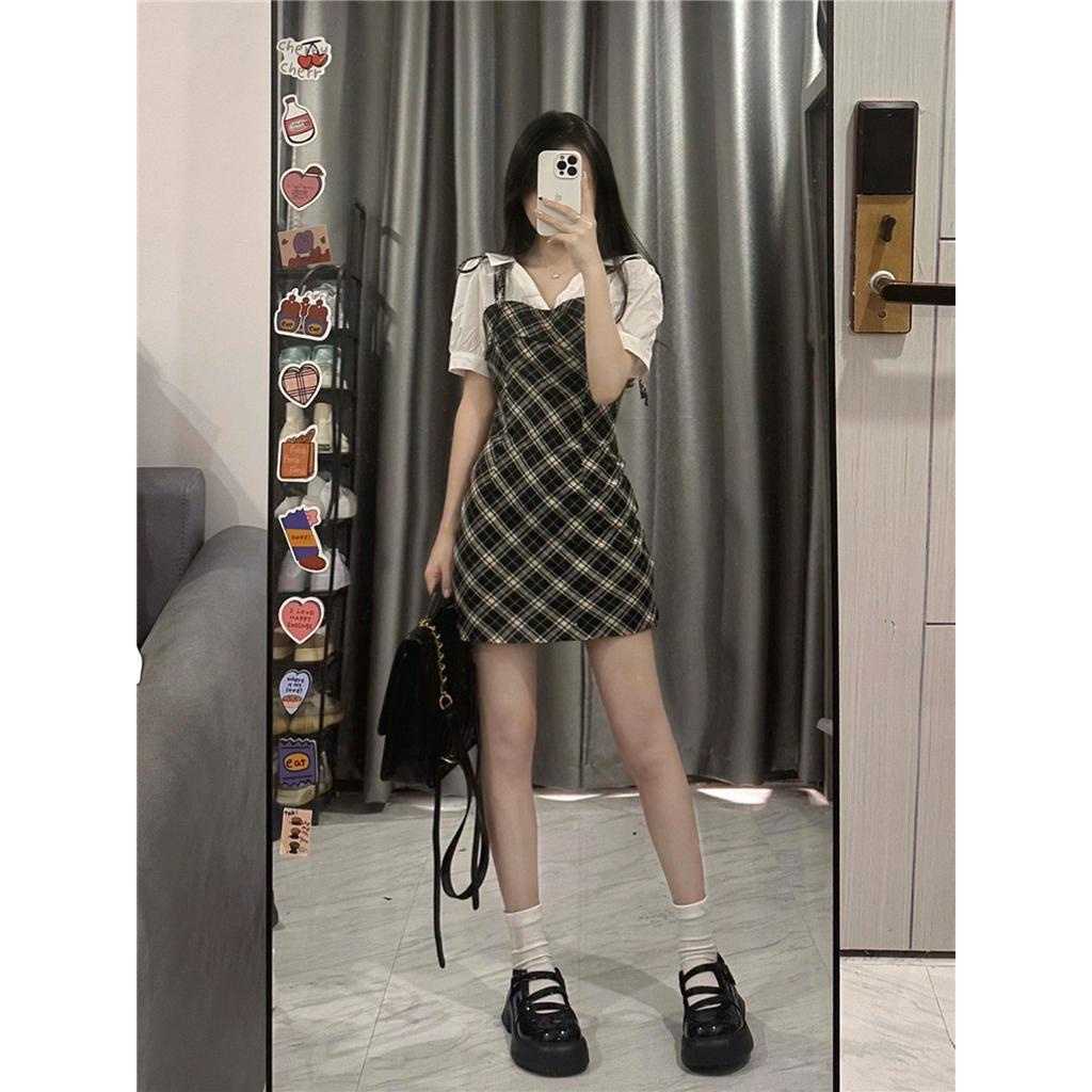 63634 Đầm Ôm Hông Giả Hai Lớp Phong Cách Preppy Retro Mỹ