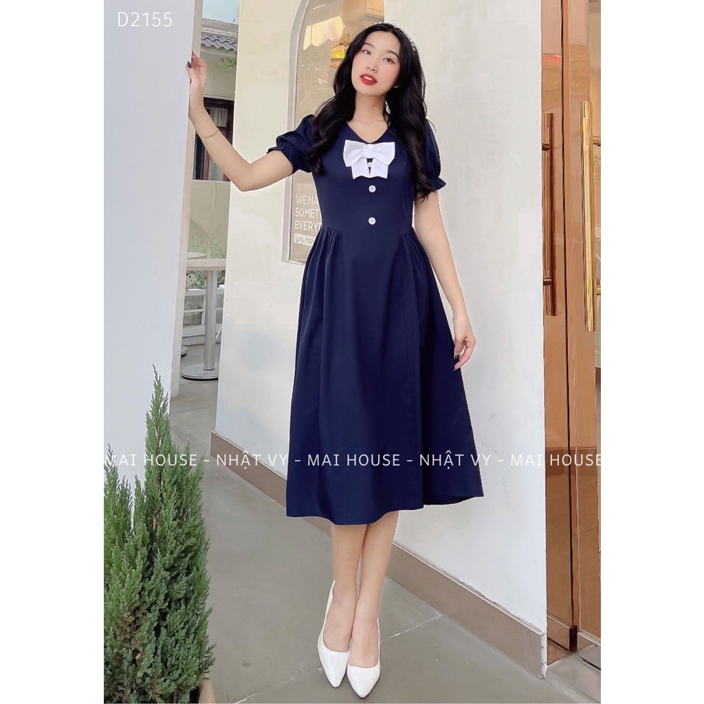 Đầm xòe xếp ly eo phối cúc đính nơ - NHATVY D2155
