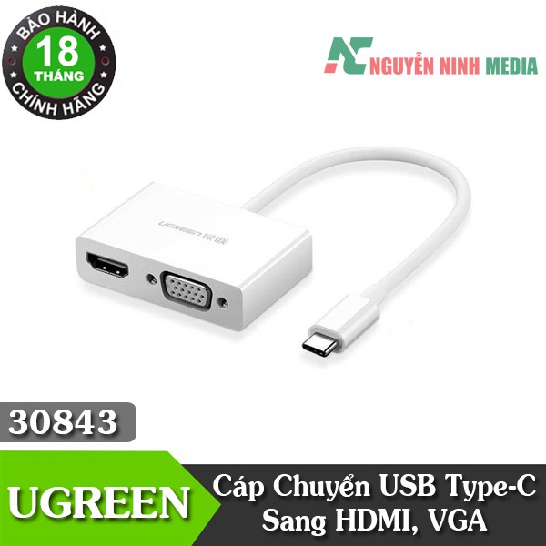 Cáp chuyển đổi USB Type C to VGA + HDMI Ugreen 30843 hỗ trợ Full HD 3D 4Kx2K