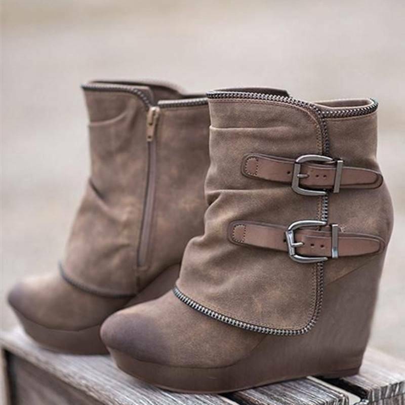 Womens Wedge Ankle Boots Pointed Toe Zip Up Buckle High Heel Casual