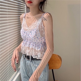 [OD] [SALE] Set Áo Croptop Và Camisole Áo 2 Dây Hoa Nhí Viền Ren Ulzzang Hàn Quốc