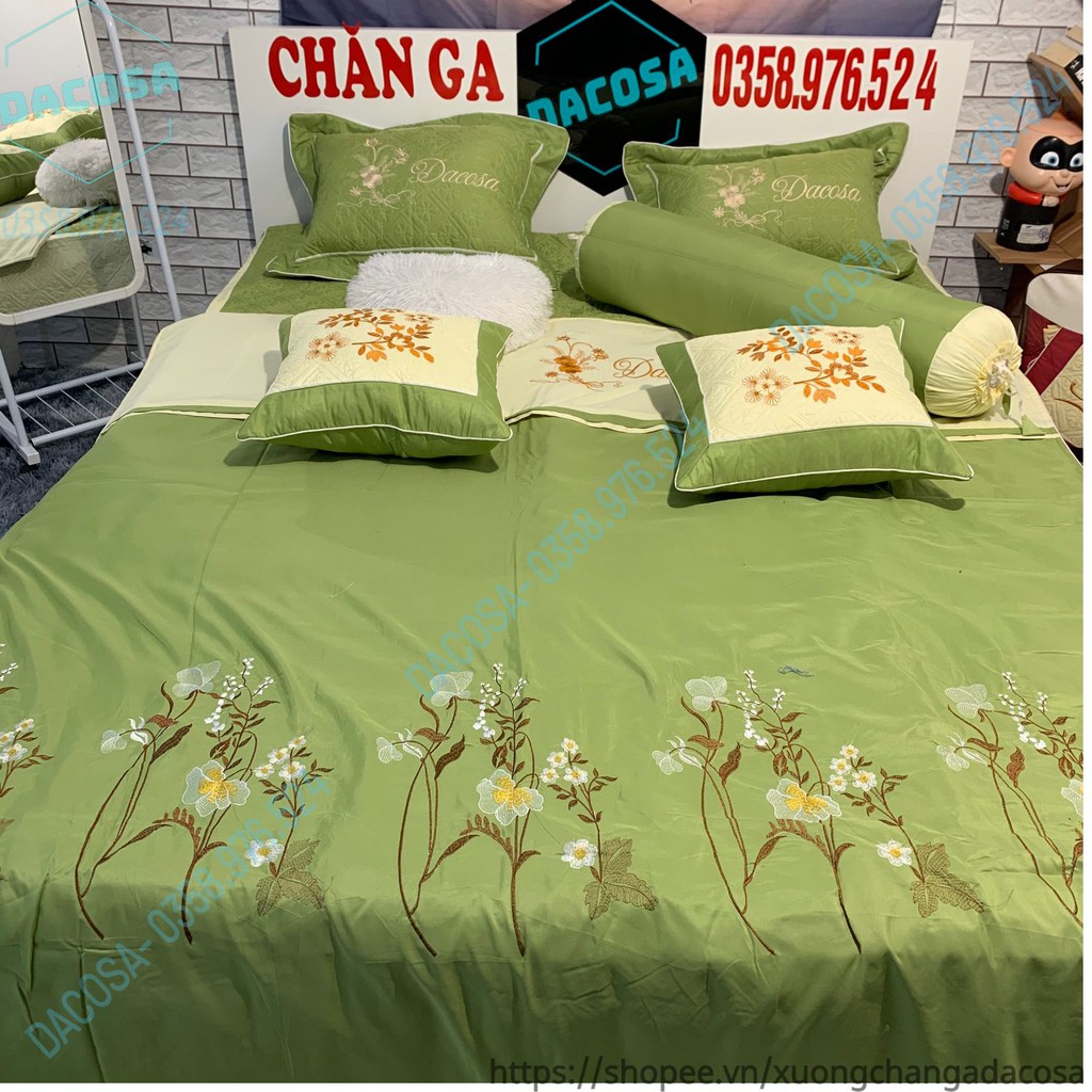 Set chăn ga gối xoa satin vải thêu thương hiệu DACOSA sang trọng
