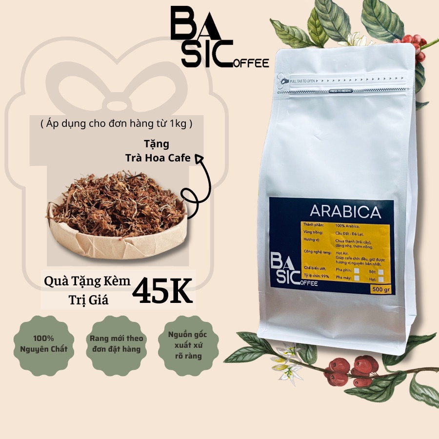Cà Phê Nguyên Chất Arabica Cầu Đất Rang Xay Mộc Bassic Coffee Hậu Vị Ngọt Thơm Cafe Dak Lak Dùng Cho Pha Máy Pha Phin