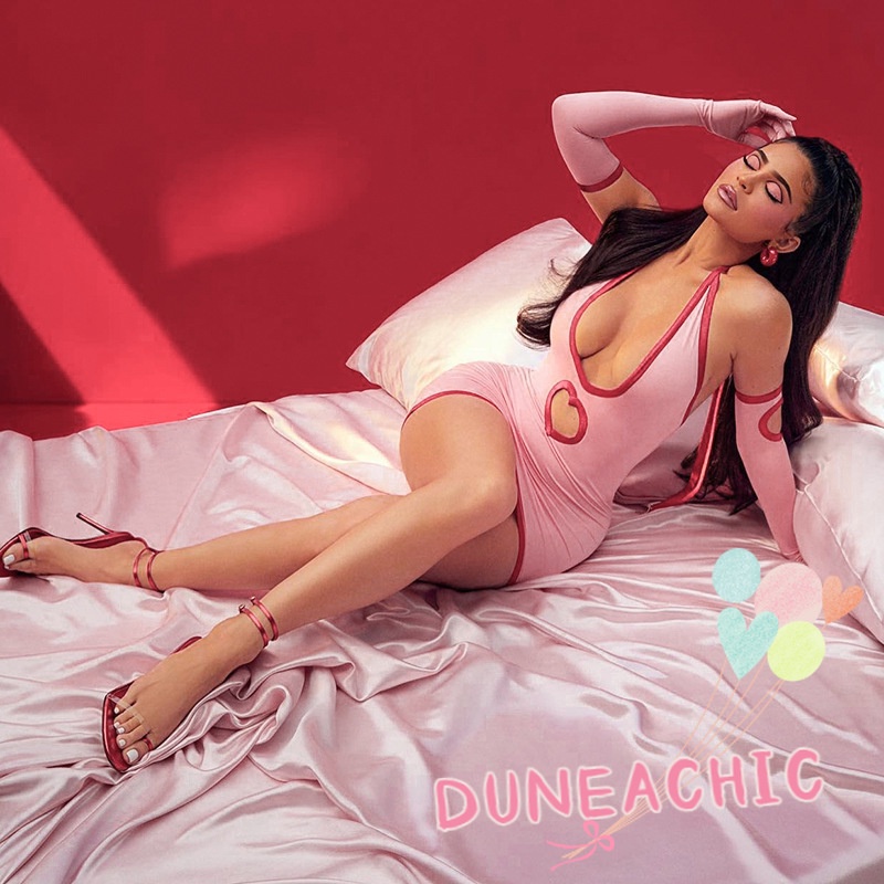 DUNEA Đầm hồng hở lưng có găng tay thời trang cá tính