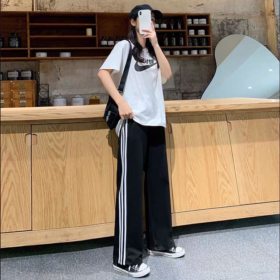 Quần thể thao ống rộng suông nữ 3 sọc trắng chất Umi kiểu basic viền thể thao unisex mặc đi chơi học thể dục