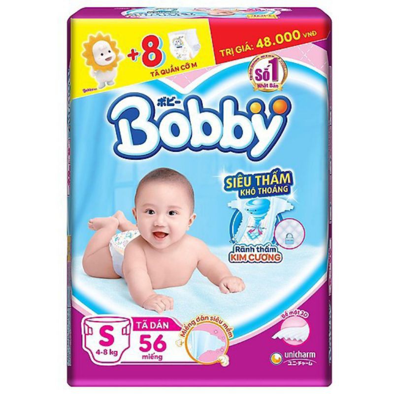 Tã dán sơ sinh Bobby XS72, S56 mới