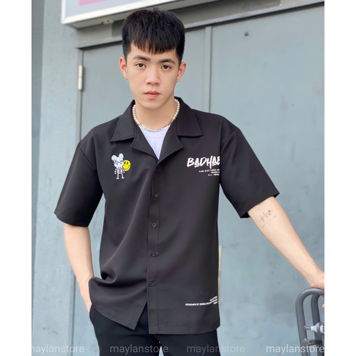 Áo Sơ mi Nam Tay Ngắn Thêu Họa Tiết Bad Habits form rộng unisex MAYLANSTORE