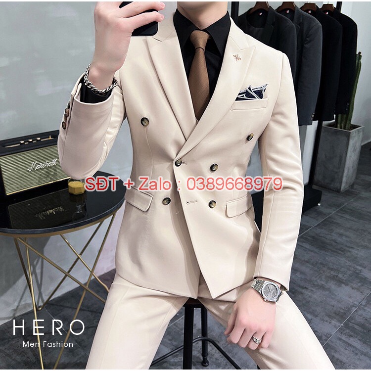 Bộ Vest Nam Cao Cấp Hàn Quốc 6 Khuy Màu Be, Bộ Suit Nam Chất Vải Sịn màu Kem