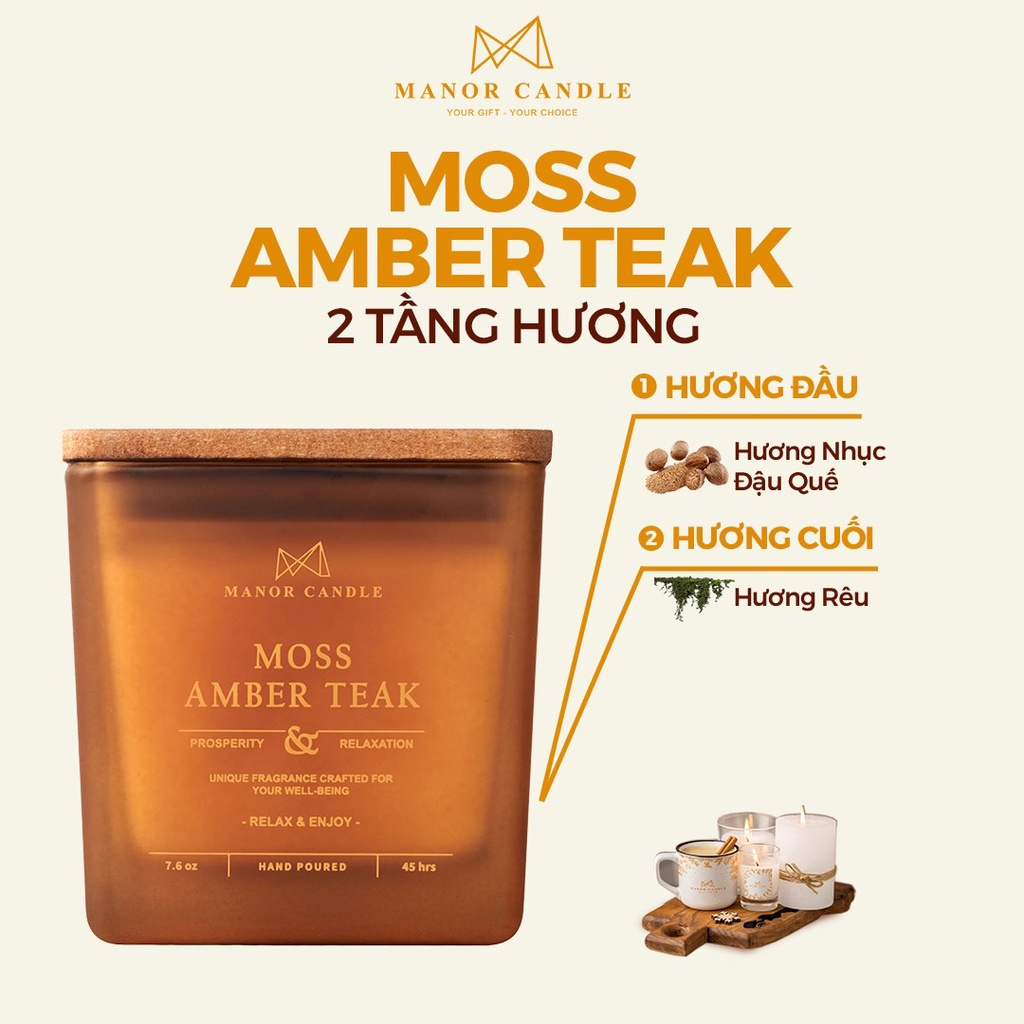 Nến Thơm Moss Amber Teak Size 7 OZ Trộn Lẫn Giữa Gỗ Nóng Trà & Các Mảnh Mai Của Rêu Bọc Sương, Manor Candle