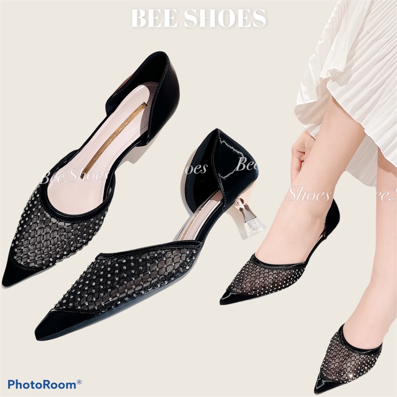 BEESHOES - GIÀY CAO GÓT BEESHOES LƯỚI ĐÍNH ĐÁ SIÊU XINH SẴN MÀU ĐEN HÔNG 210604