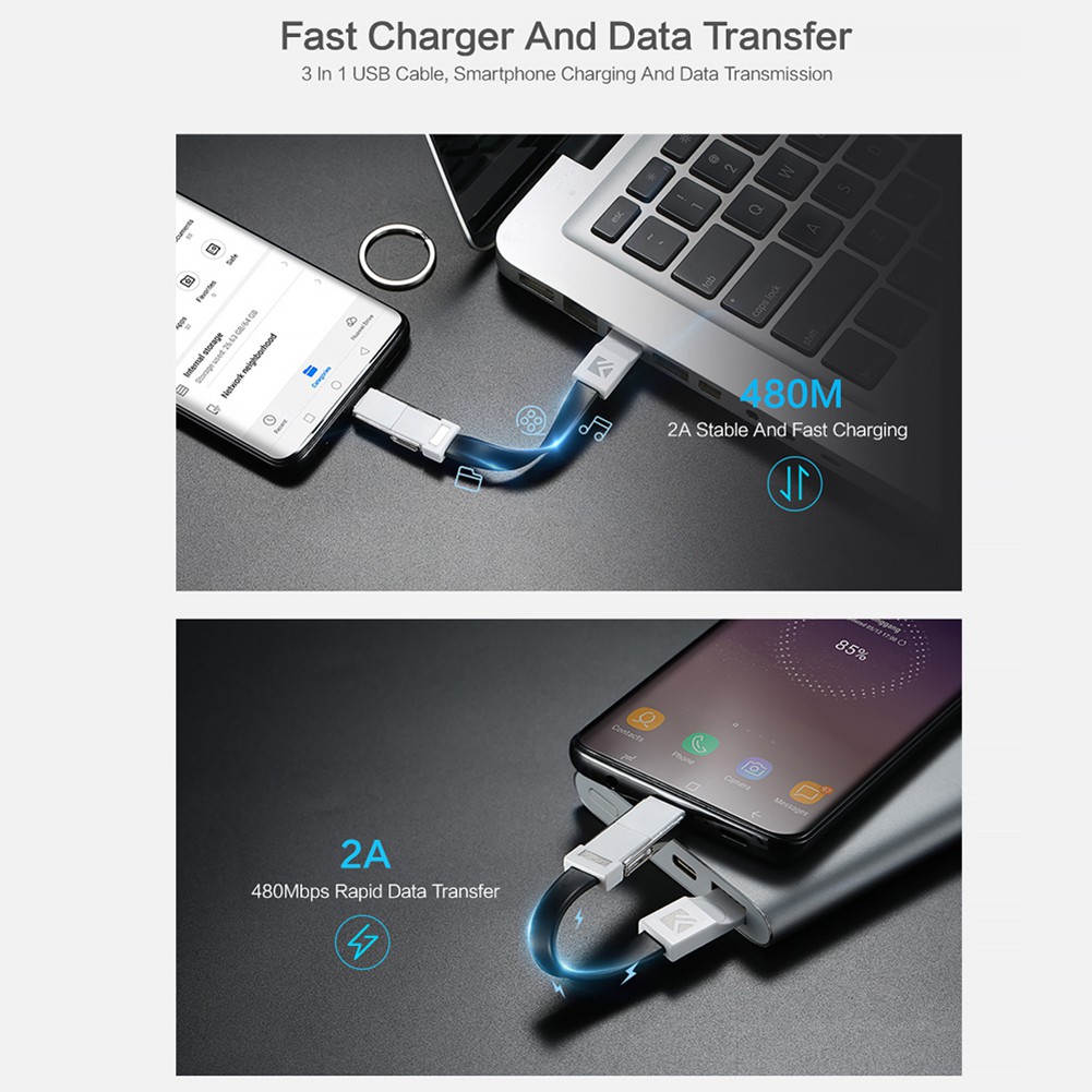 Cáp sạc Micro USB &amp; Type C &amp; 3 trong 1 thiết kế móc khóa tiện dụng