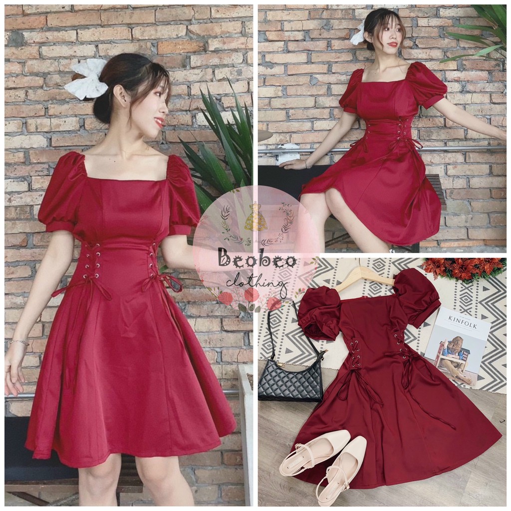 Đầm đỏ cổ vuông tay ngắn đan dây eo ulzzang