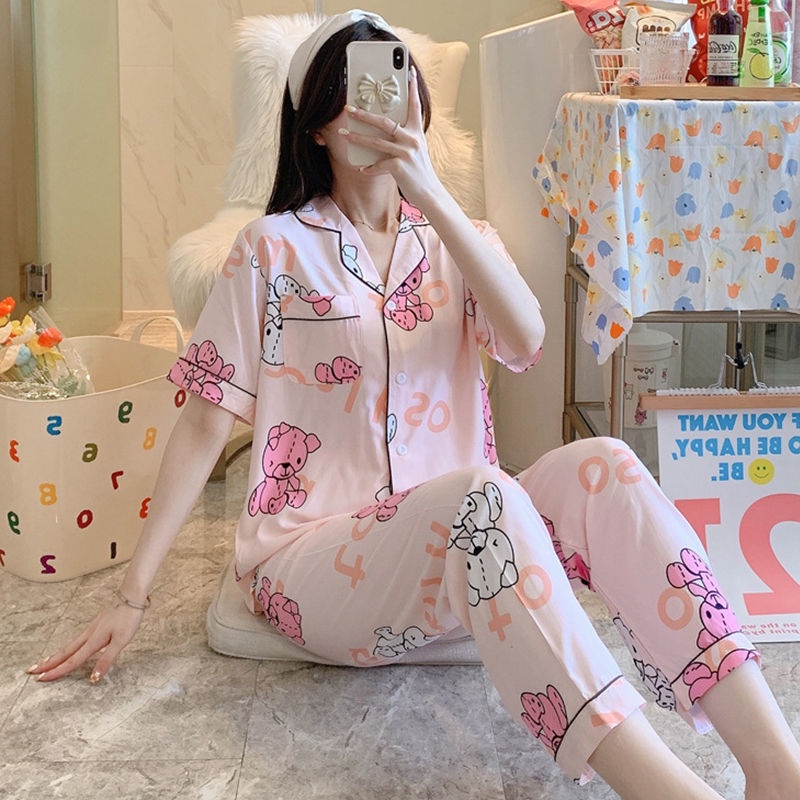 Bộ Đồ Ngủ Hai Mảnh Bằng Vải Lụa Cotton Tay Ngắn Dáng Rộng Phong Cách Hàn Quốc Thời Trang Mùa Hè Cho Nữ