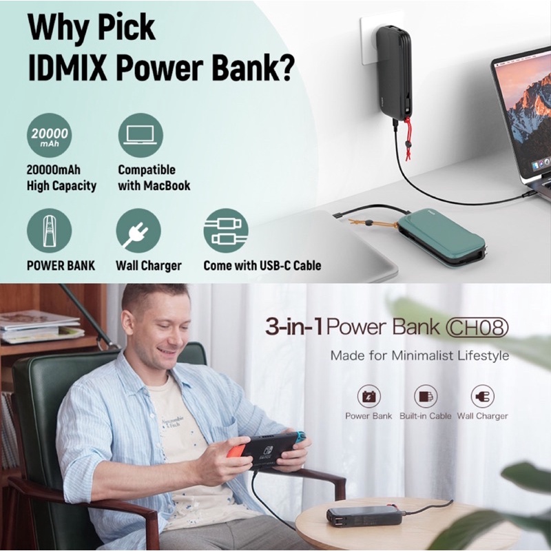 Sạc dự phòng 20000mAh PD 30W Kiêm Củ sạc tường IDMIX Mr Charger APOLLO CH08 PD 65W 1C-1A