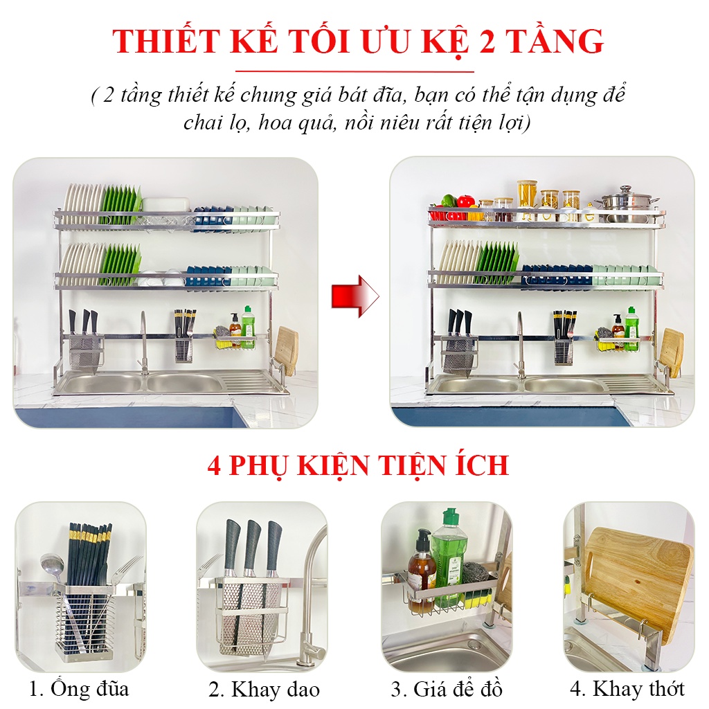 Kệ chén bát inox đa năng để bồn rửa - Foodcom - 1 tầng - Size