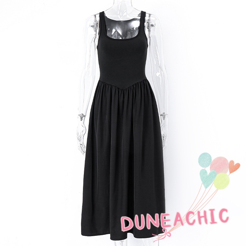 Đầm Sát Nách Cổ Chữ U Xếp Ly Màu Trơn Thời Trang Cho Nữ