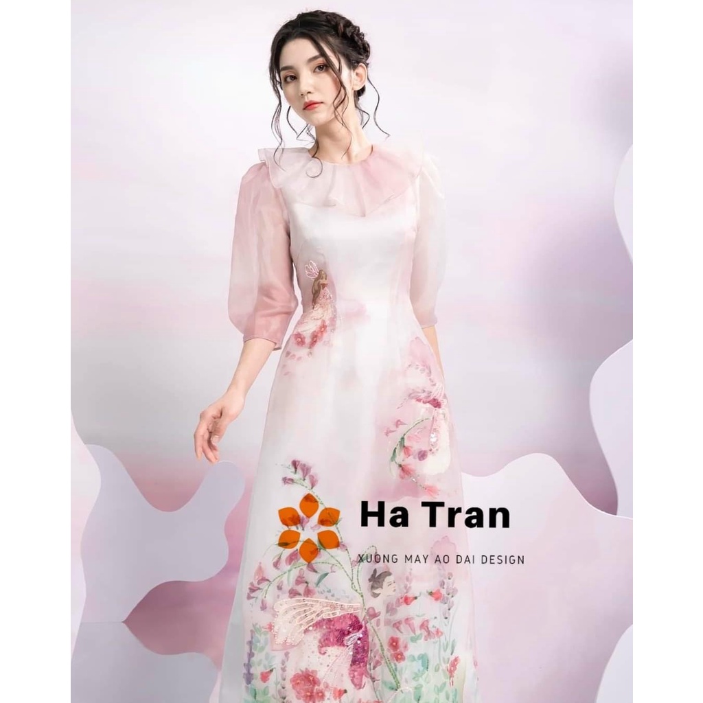Áo dài cách tân tiểu thư Ngọc Diễm đài các kiêu sa chất liệu tơ oganza 4 tà đính kết thủ công phù hợp nhiều dịp