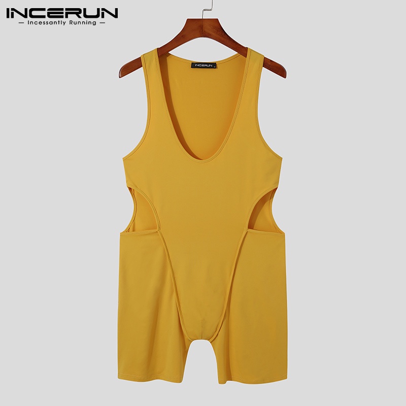 Bộ áo liền quần INCERUN không tay cổ chữ v sâu khoét lỗ hở dáng ôm vừa vặn màu trơn thời trang cho nam