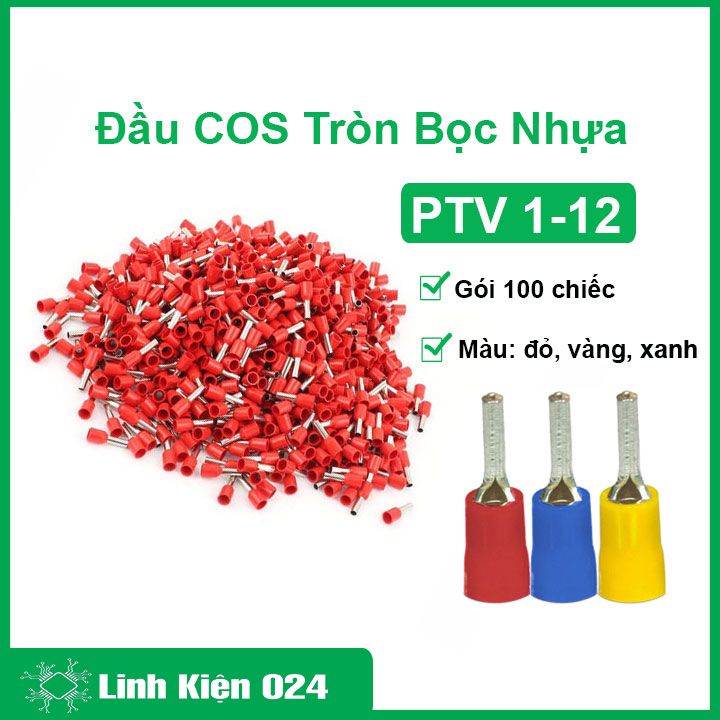 Đầu cos kim đặc PTV1.25-12 màu đỏ vàng xanh dương bọc phủ nhựa (gói 100 chiếc)