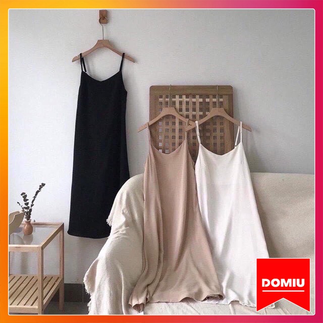 Váy 2 dây, đầm xuông - chất đũi lụa trơn basic nữ