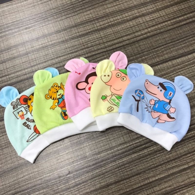 Mũ tai gấu cotton in hình cho bé sơ sinh - nhiều mẫu