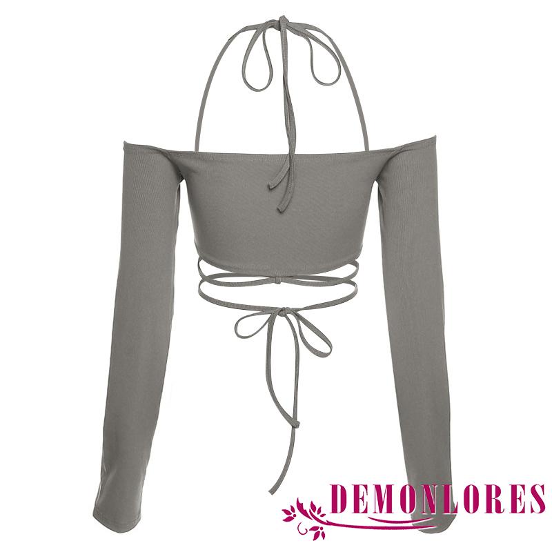 DEMQ-Women Solid Color Halter Neck Off Shoulder Long Sleeve Bandage Korean Style Crop Tops